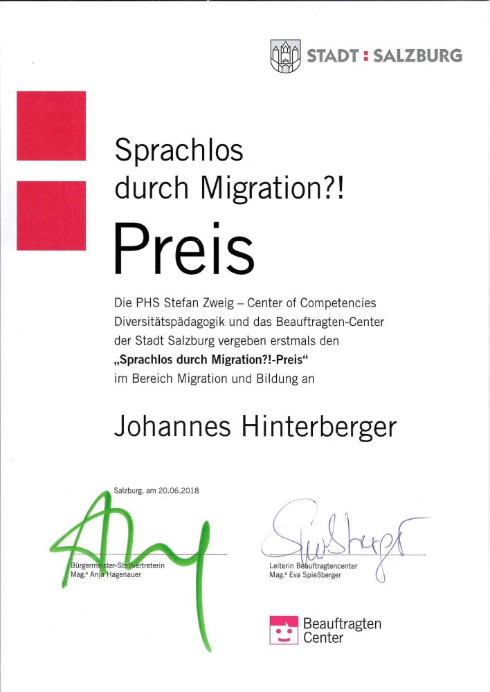 Sprachlos durch Migration?!-Preis - Urkunde der Stadt Salzburg